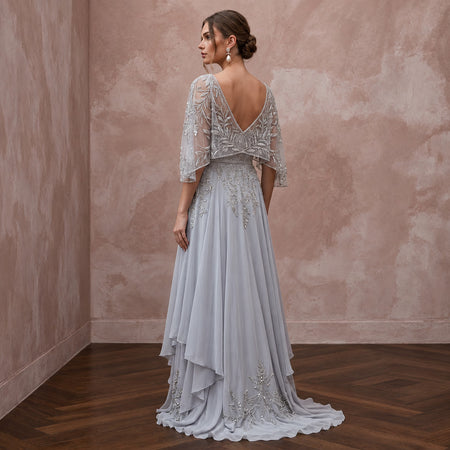Silver Grey Chiffon Beaded Capelet Evening Gown for Mother of the Groom