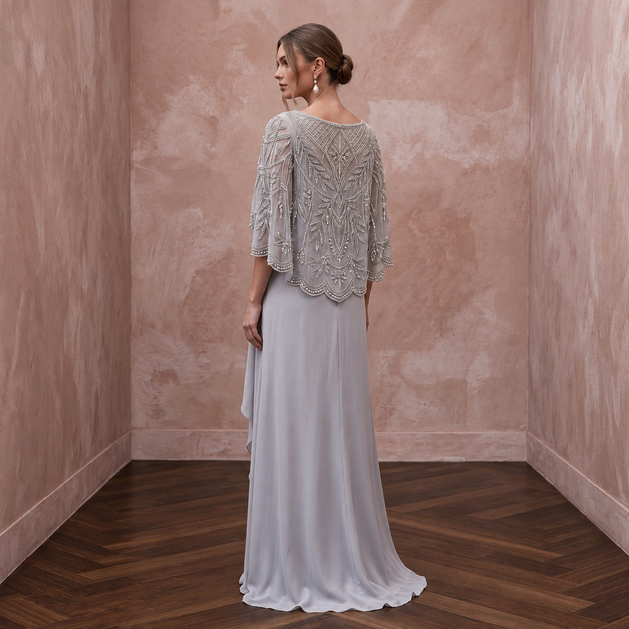 Silver Grey Chiffon Beaded Capelet Evening Gown for Mother of the Groom Secondary image
