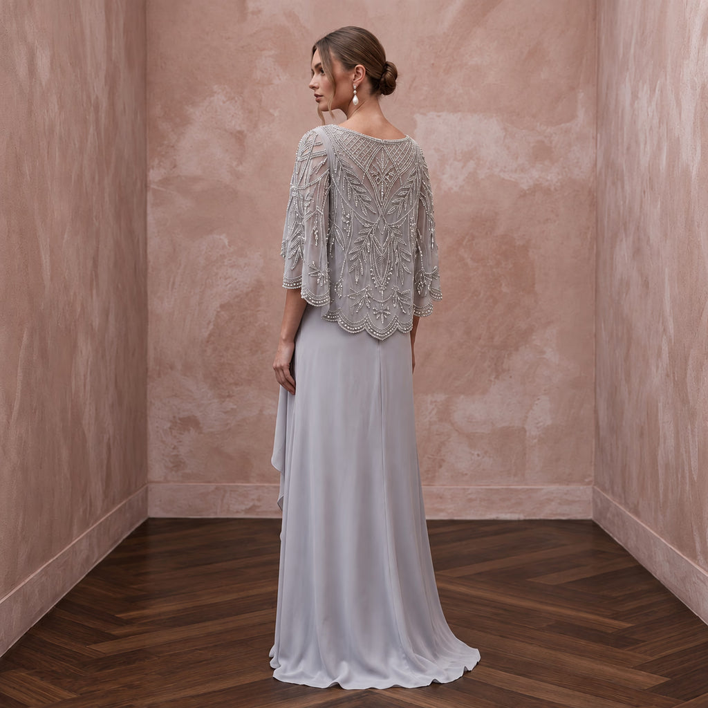 Silver Grey Chiffon Beaded Capelet Evening Gown for Mother of the Groom - Apparel & Accessories > Clothing > Wedding & Bridal Party Dresses > Wedding Dresses - Mignonette Bridal