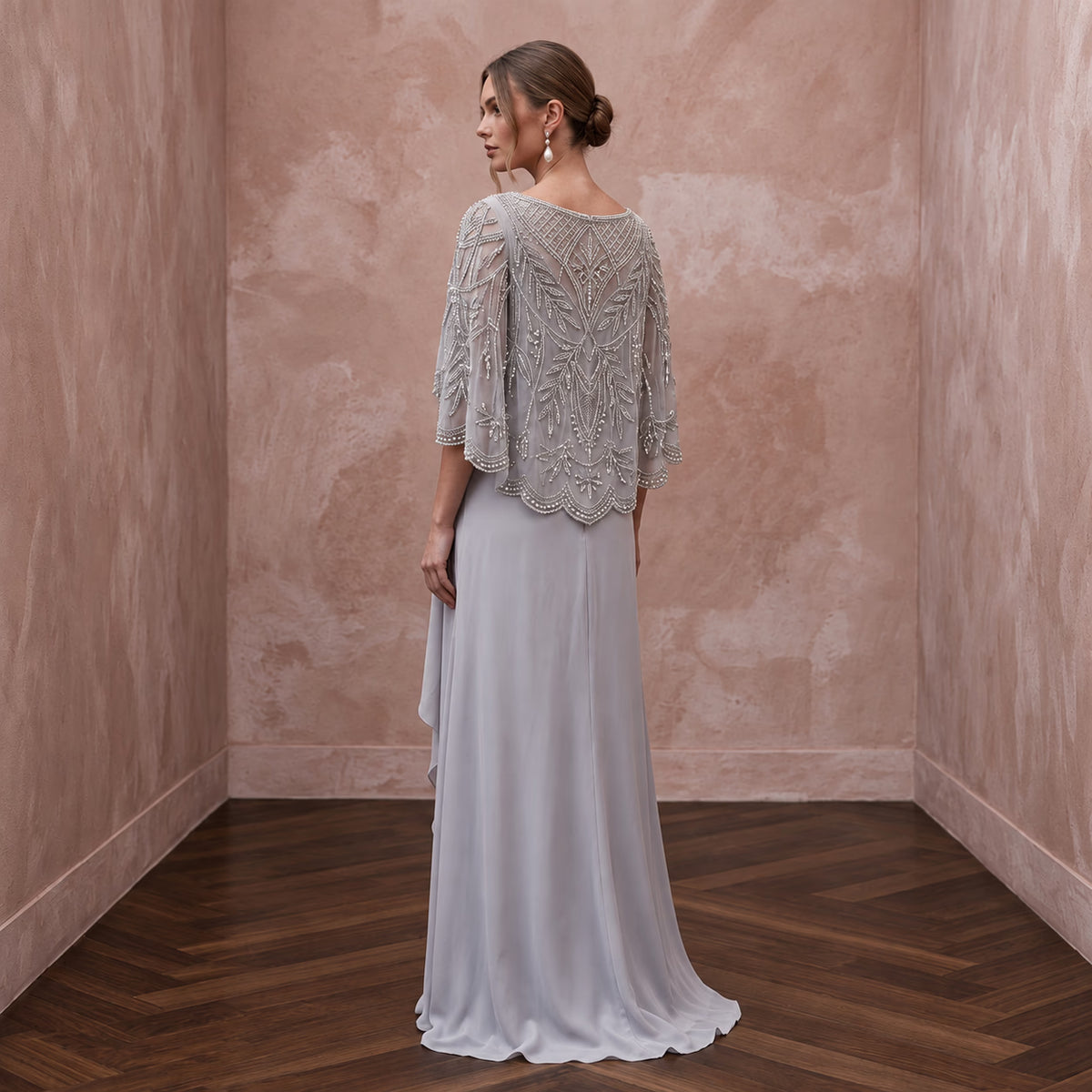 Silver Grey Chiffon Beaded Capelet Evening Gown for Mother of the Groom - Apparel & Accessories > Clothing > Wedding & Bridal Party Dresses > Wedding Dresses - Mignonette Bridal