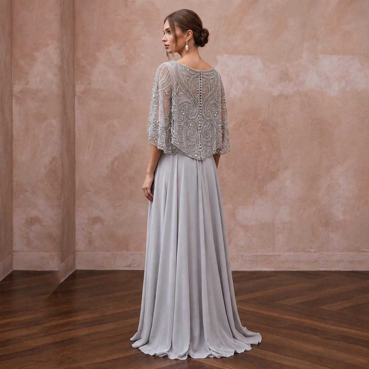 Silver Grey Chiffon Beaded Capelet Evening Gown for Mother of the Groom - Apparel & Accessories > Clothing > Wedding & Bridal Party Dresses > Wedding Dresses - Mignonette Bridal