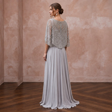 Silver Grey Chiffon Beaded Capelet Evening Gown for Mother of the Groom - Apparel & Accessories > Clothing > Wedding & Bridal Party Dresses > Wedding Dresses - Mignonette Bridal