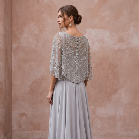 Silver Grey Chiffon Beaded Capelet Evening Gown for Mother of the Groom - Apparel & Accessories > Clothing > Wedding & Bridal Party Dresses > Wedding Dresses - Mignonette Bridal