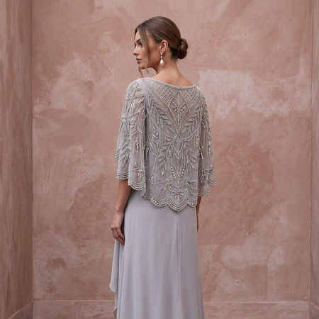 Silver Grey Chiffon Beaded Capelet Evening Gown for Mother of the Groom - Apparel & Accessories > Clothing > Wedding & Bridal Party Dresses > Wedding Dresses - Mignonette Bridal