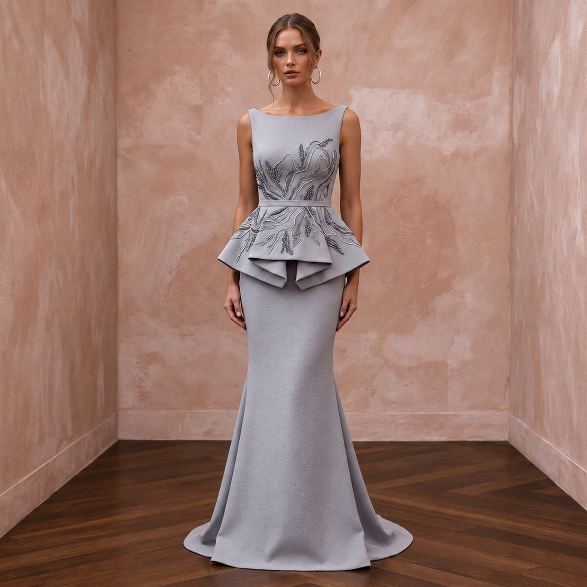 Silver Grey Heavy Crepe Peplum Bodice Trumpet Evening Gown