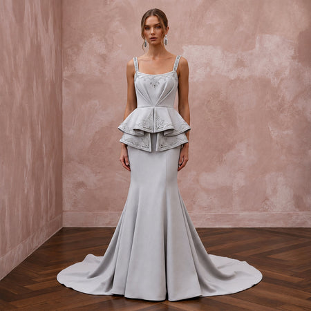 Silver Grey Heavy Crepe Peplum Bodice Trumpet Evening Gown