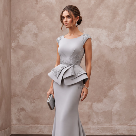 Silver Grey Heavy Crepe Peplum Bodice Trumpet Evening Gown - Apparel & Accessories > Clothing > Wedding & Bridal Party Dresses > Wedding Dresses - Mignonette Bridal