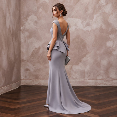 Silver Grey Heavy Crepe Peplum Bodice Trumpet Evening Gown - Apparel & Accessories > Clothing > Wedding & Bridal Party Dresses > Wedding Dresses - Mignonette Bridal
