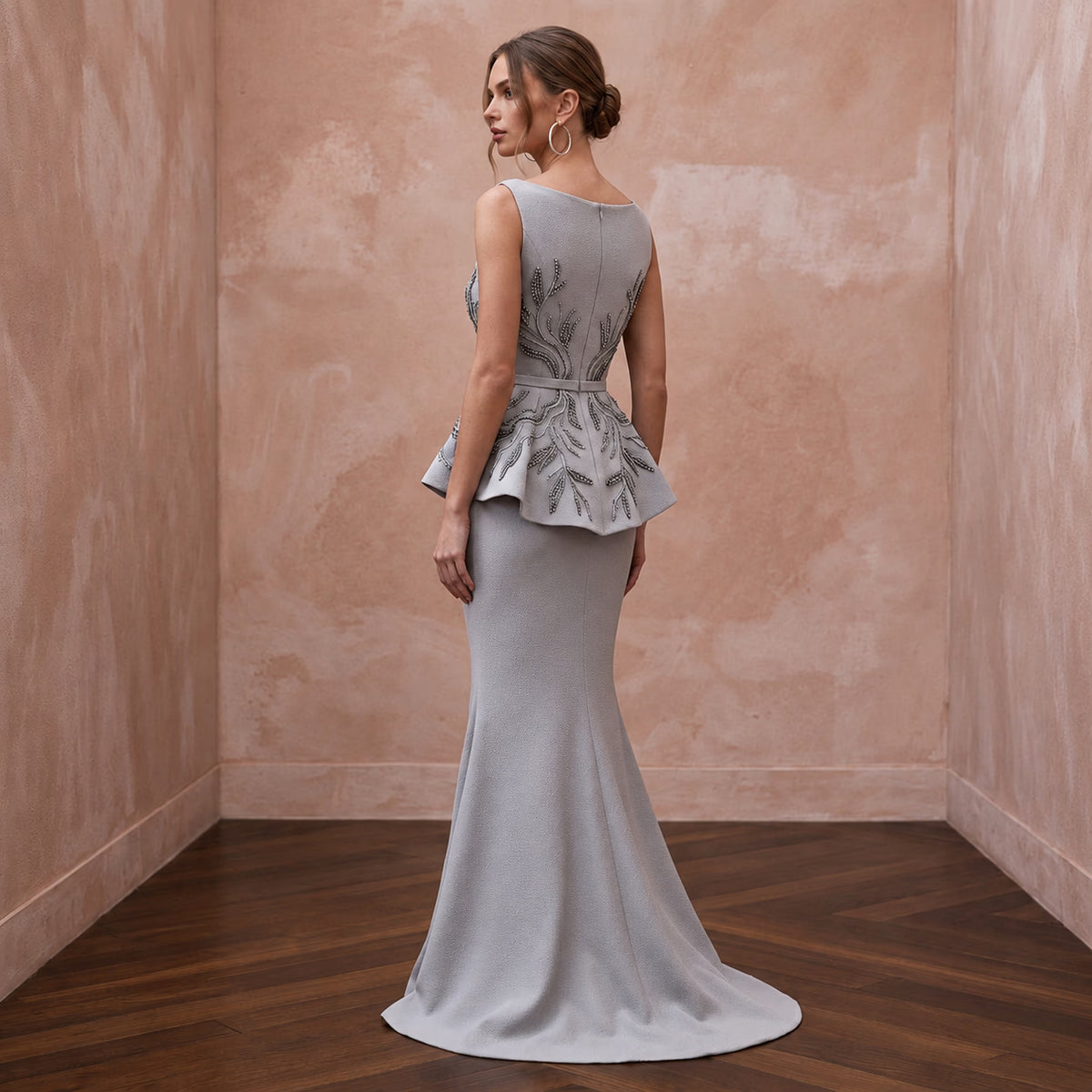 Silver Grey Heavy Crepe Peplum Bodice Trumpet Evening Gown