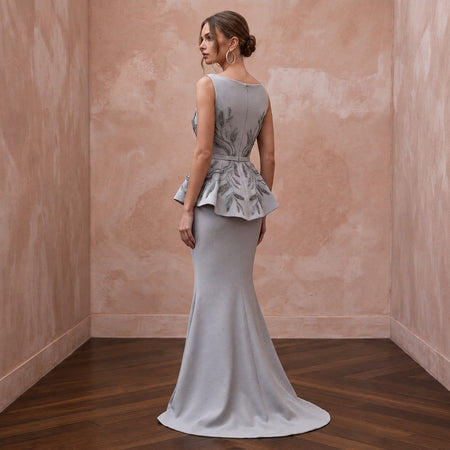 Silver Grey Heavy Crepe Peplum Bodice Trumpet Evening Gown