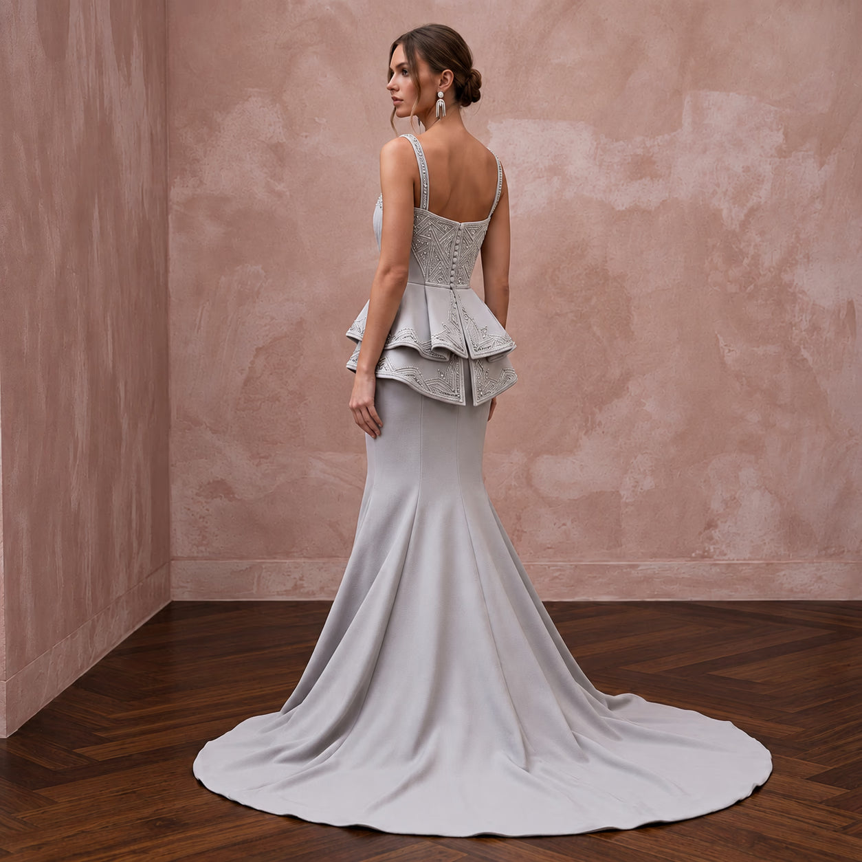 Silver Grey Heavy Crepe Peplum Bodice Trumpet Evening Gown Secondary image
