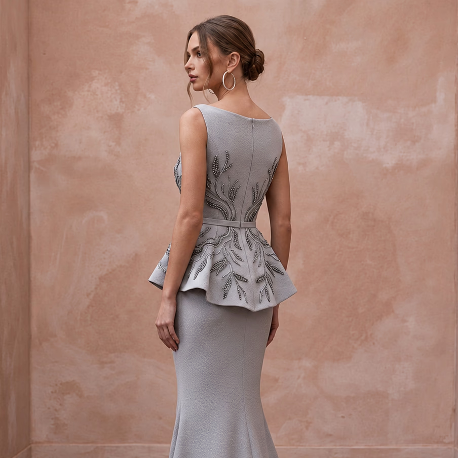 Silver Grey Heavy Crepe Peplum Bodice Trumpet Evening Gown