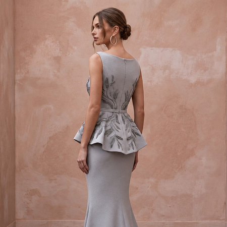 Silver Grey Heavy Crepe Peplum Bodice Trumpet Evening Gown