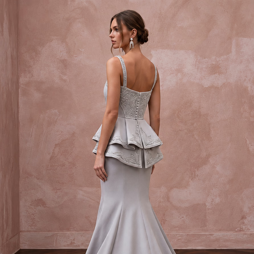 Silver Grey Heavy Crepe Peplum Bodice Trumpet Evening Gown