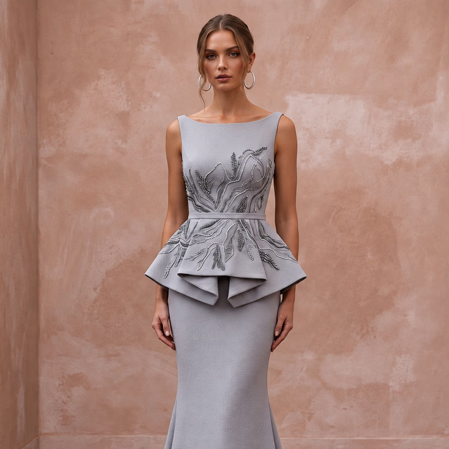 Silver Grey Heavy Crepe Peplum Bodice Trumpet Evening Gown