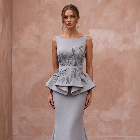 Silver Grey Heavy Crepe Peplum Bodice Trumpet Evening Gown