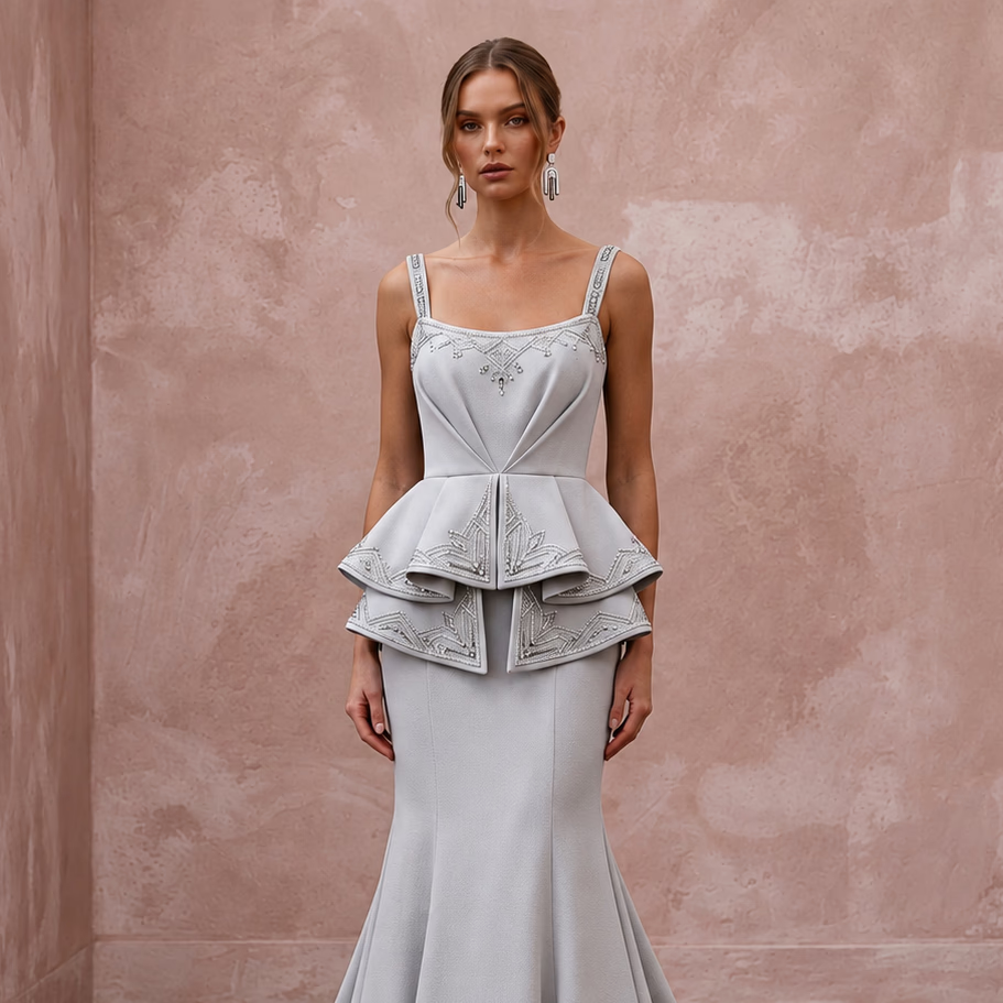 Silver Grey Heavy Crepe Peplum Bodice Trumpet Evening Gown