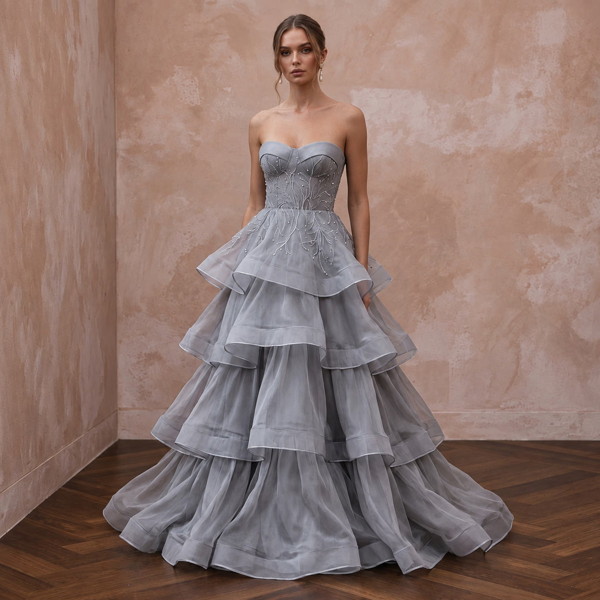 Silver Grey Silk Organza Tiered Skirt Strapless Gala Gown