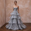 Silver Grey Silk Organza Tiered Skirt Strapless Gala Gown