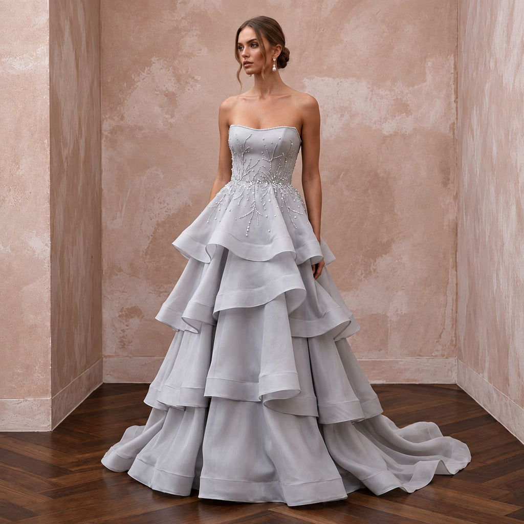 Silver Grey Silk Organza Tiered Skirt Strapless Gala Gown