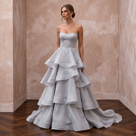 Silver Grey Silk Organza Tiered Skirt Strapless Gala Gown