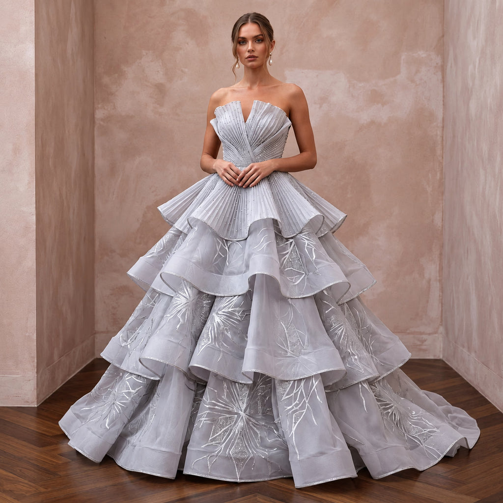 Silver Grey Silk Organza Tiered Skirt Strapless Gala Gown