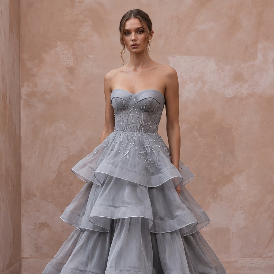 Silver Grey Silk Organza Tiered Skirt Strapless Gala Gown