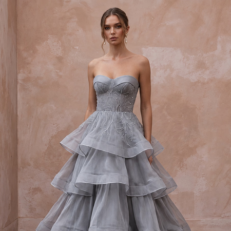 Silver Grey Silk Organza Tiered Skirt Strapless Gala Gown
