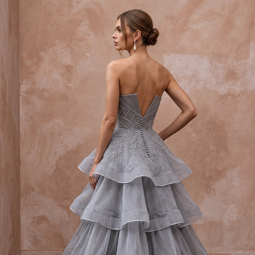 Silver Grey Silk Organza Tiered Skirt Strapless Gala Gown