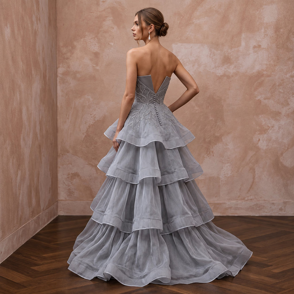 Silver Grey Silk Organza Tiered Skirt Strapless Gala Gown