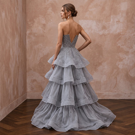 Silver Grey Silk Organza Tiered Skirt Strapless Gala Gown