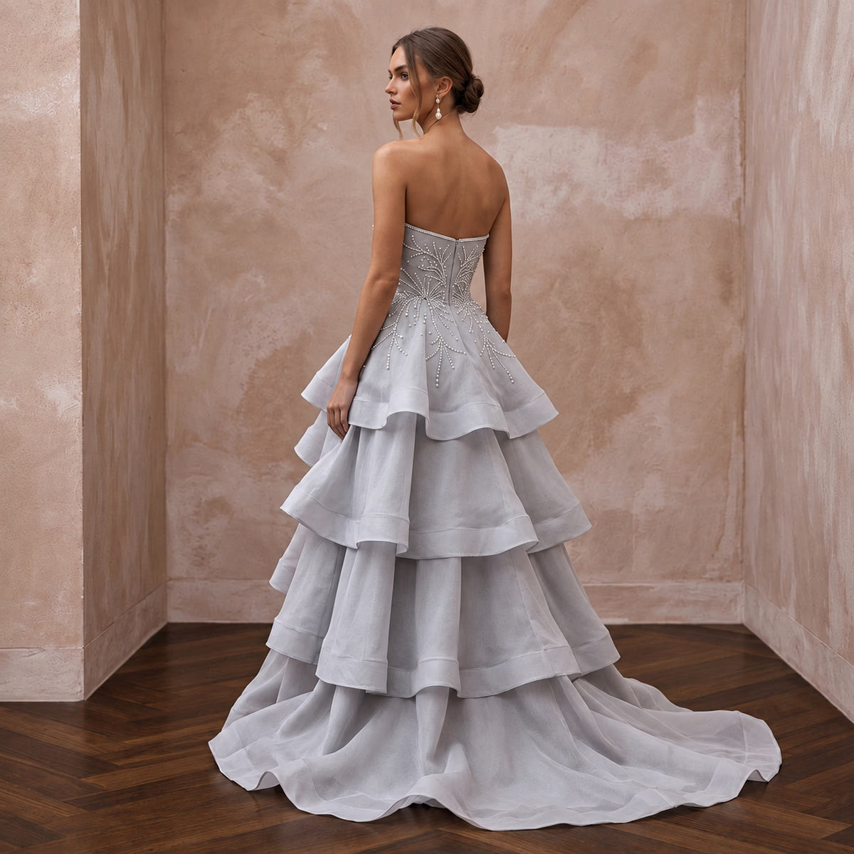 Silver Grey Silk Organza Tiered Skirt Strapless Gala Gown