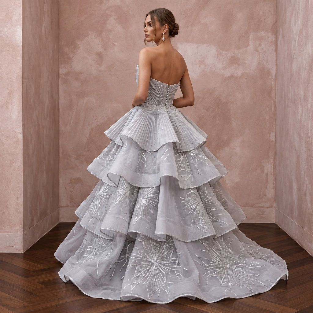 Silver Grey Silk Organza Tiered Skirt Strapless Gala Gown