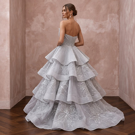 Silver Grey Silk Organza Tiered Skirt Strapless Gala Gown