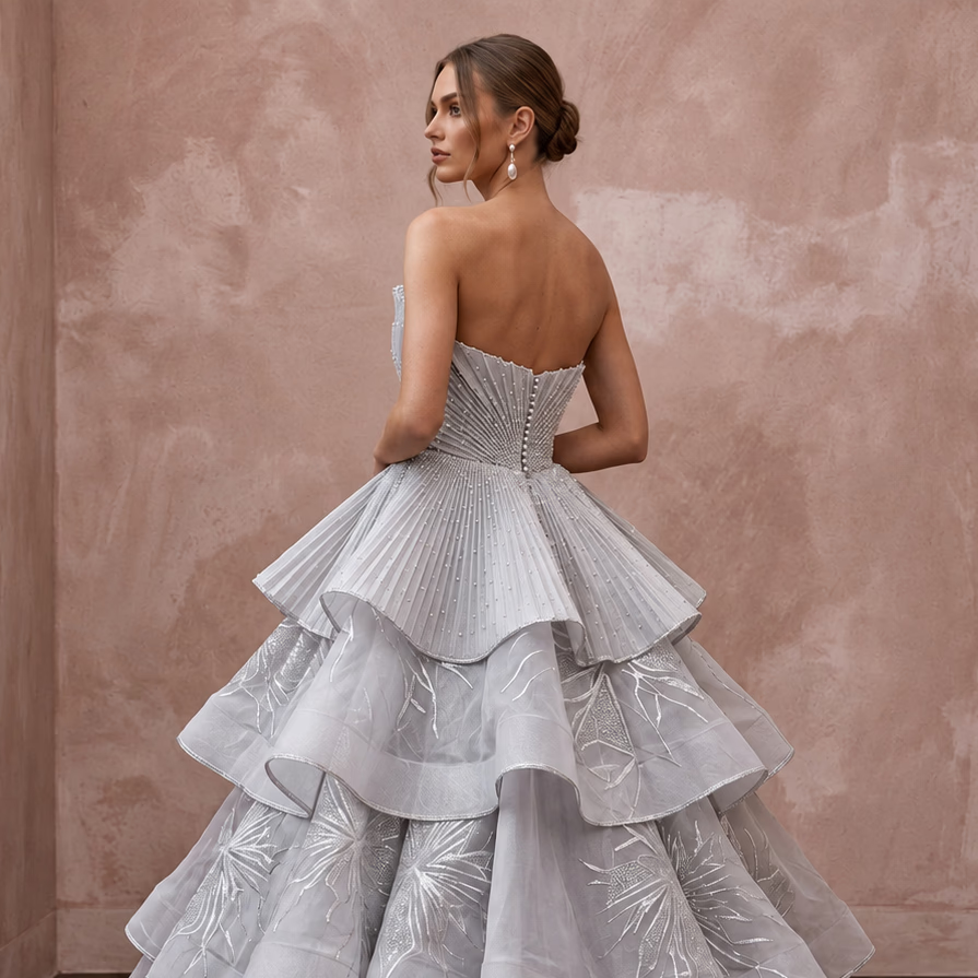 Silver Grey Silk Organza Tiered Skirt Strapless Gala Gown