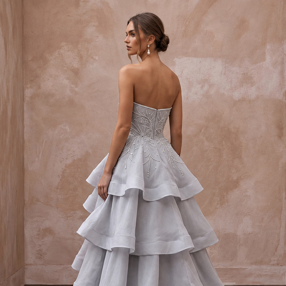 Silver Grey Silk Organza Tiered Skirt Strapless Gala Gown
