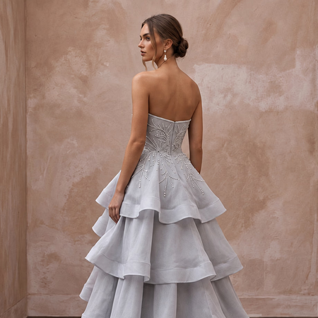 Silver Grey Silk Organza Tiered Skirt Strapless Gala Gown
