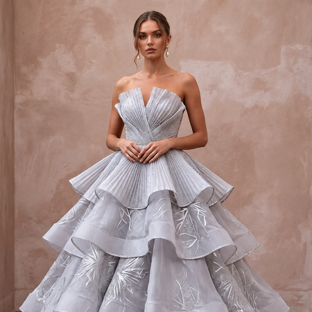 Silver Grey Silk Organza Tiered Skirt Strapless Gala Gown