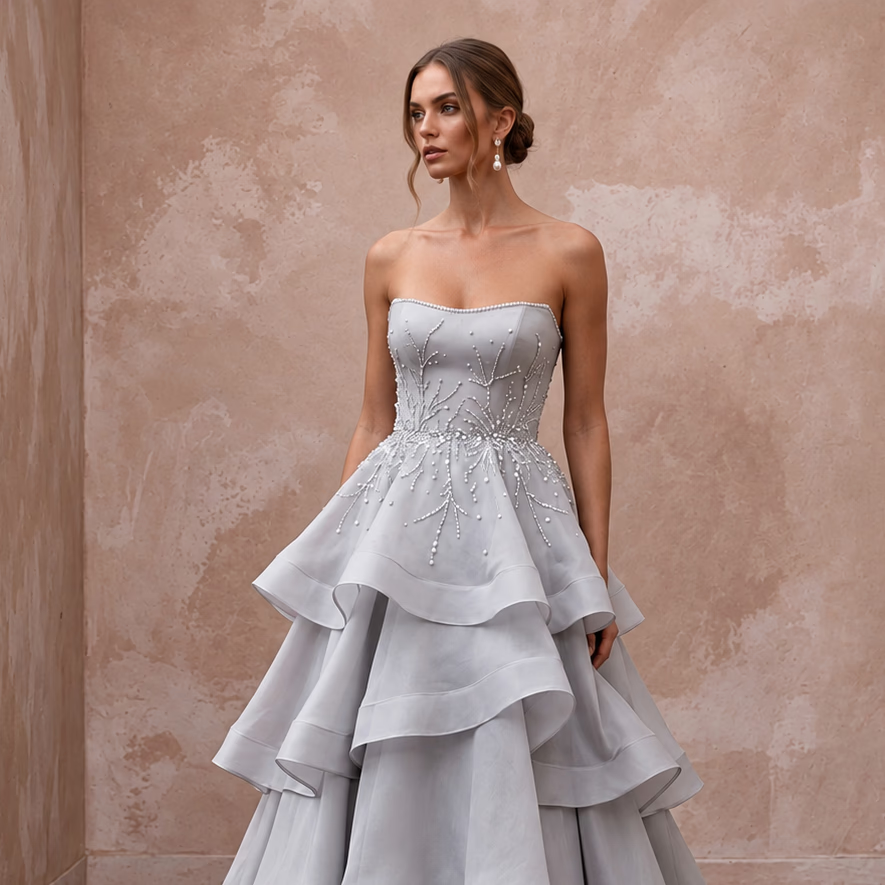 Silver Grey Silk Organza Tiered Skirt Strapless Gala Gown