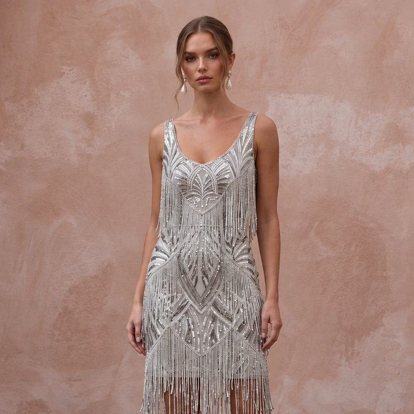 Silver Sequin Fringe Flapper Style Mini Cocktail Dress