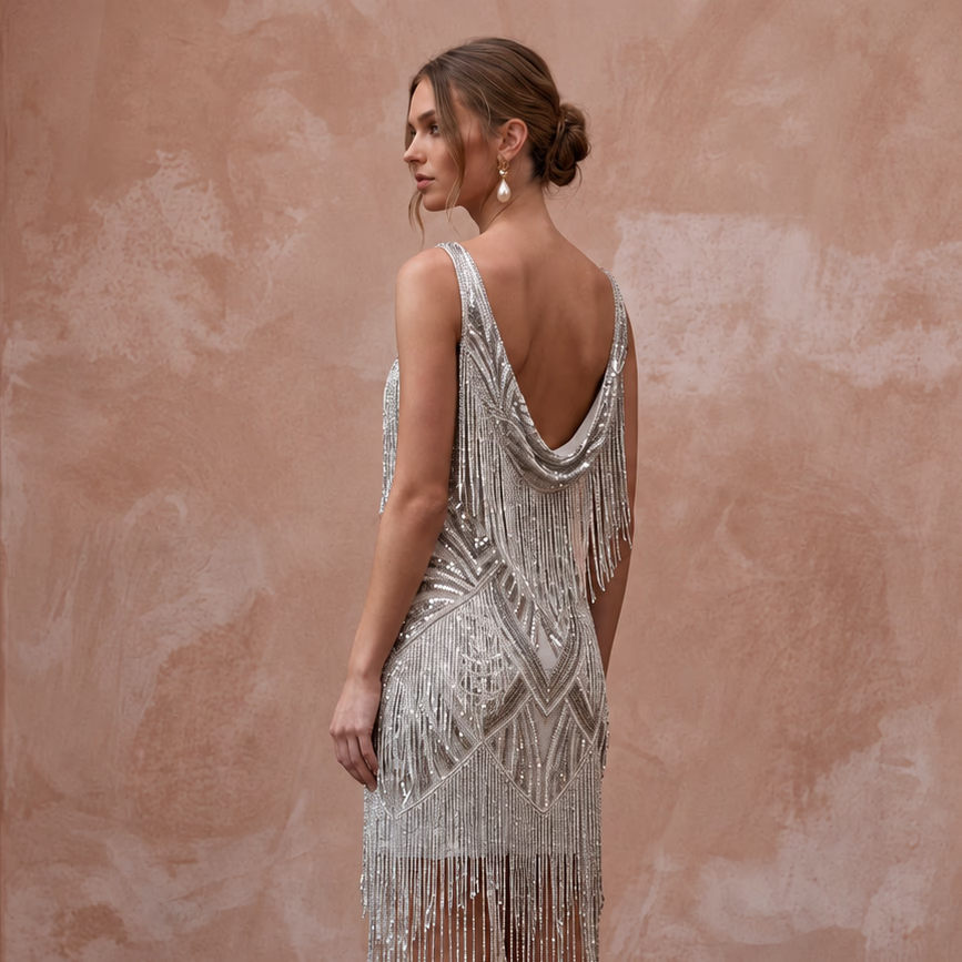 Silver Sequin Fringe Flapper Style Mini Cocktail Dress