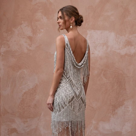 Silver Sequin Fringe Flapper Style Mini Cocktail Dress