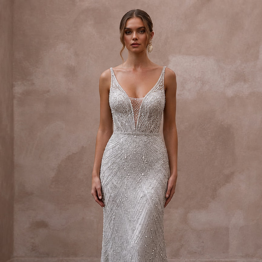 Silver Wedding Dresses with Crystal Beaded Details - Apparel & Accessories > Clothing > Wedding & Bridal Party Dresses > Wedding Dresses - Mignonette Bridal