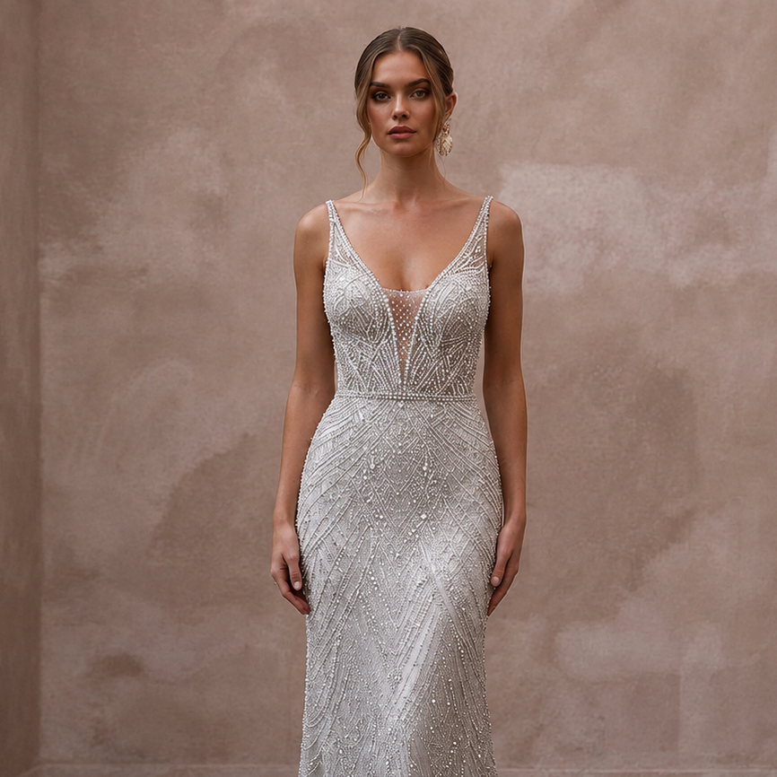 Silver Wedding Dresses with Crystal Beaded Details