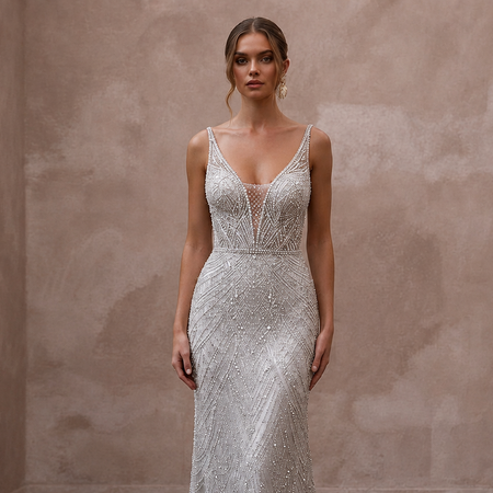 Silver Wedding Dresses with Crystal Beaded Details