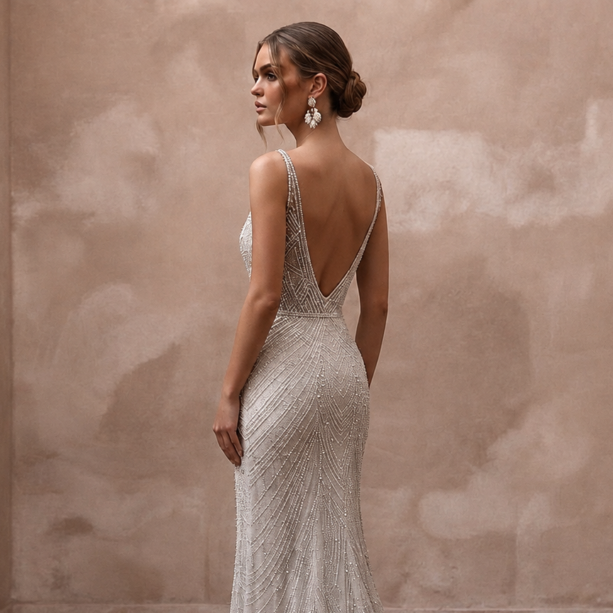 Silver Wedding Dresses with Crystal Beaded Details