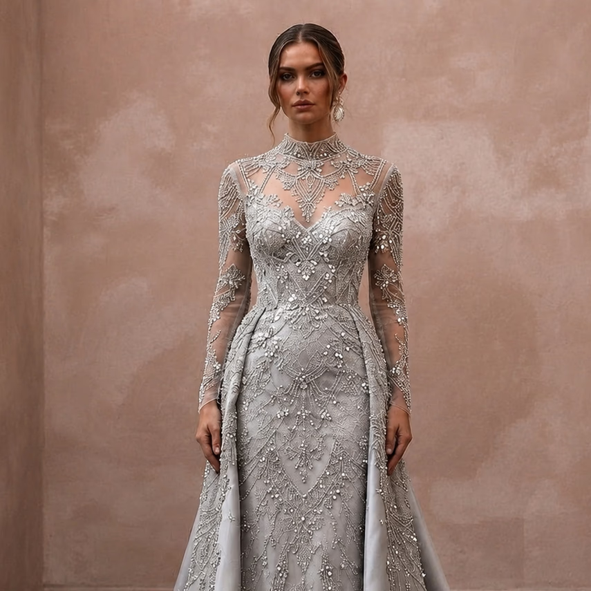 Silver Wedding Dresses with Sparkling Beadwork - Apparel & Accessories > Clothing > Wedding & Bridal Party Dresses > Wedding Dresses - Mignonette