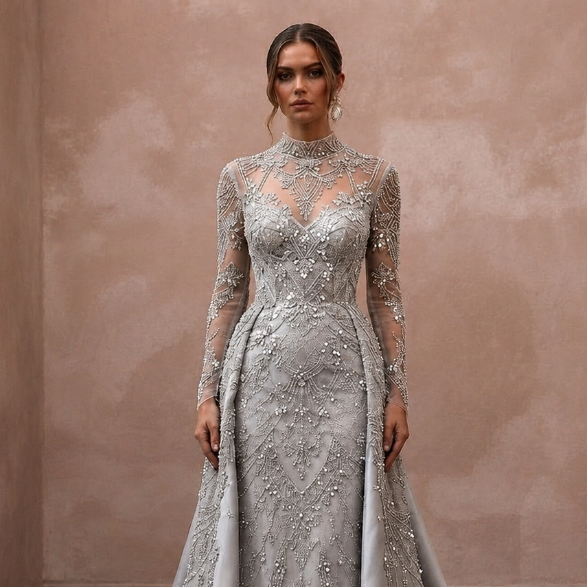 Silver Wedding Dresses with Sparkling Beadwork