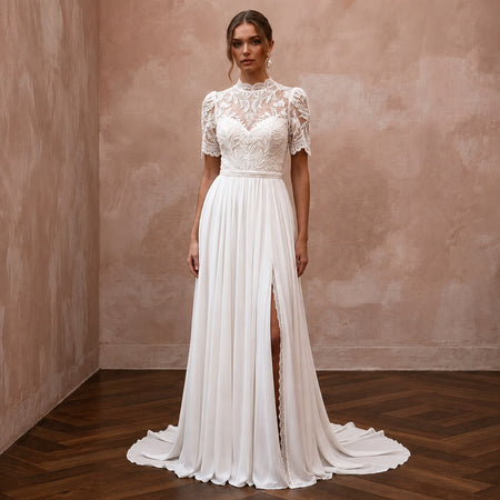 Simple Chiffon Wedding Dress with Short Sleeves for a Civil Wedding