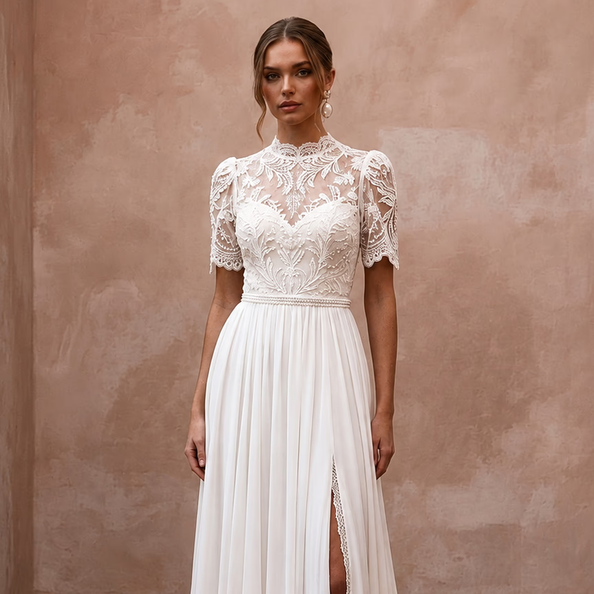 Simple Chiffon Wedding Dress with Short Sleeves for a Civil Wedding